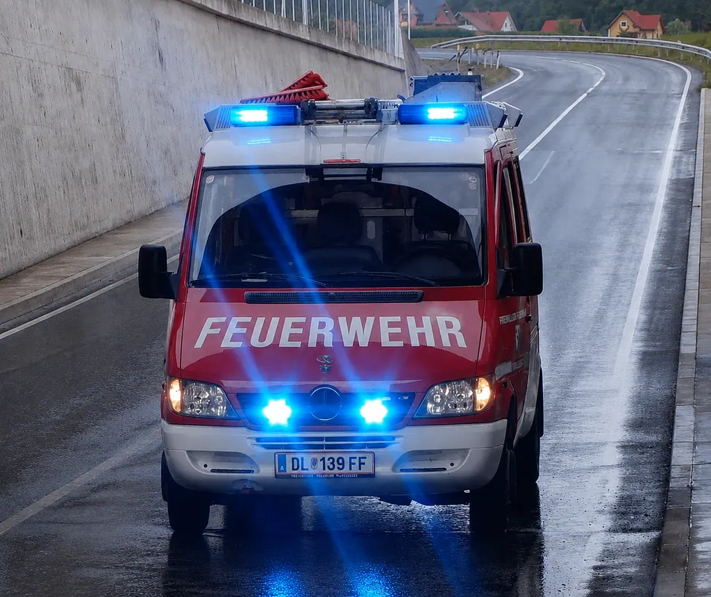 Kleinlöschfahrzeug der FF Wohlsdorf mit Blaulicht auf nasser Fahrbahn
