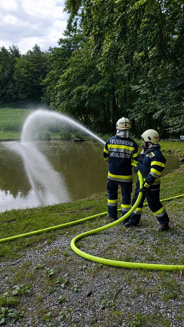 Zwei Mitglieder der FF Wohlsdorf bei einer Löschübung am Teich